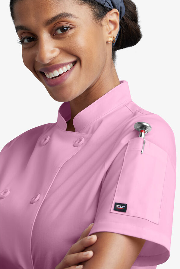 CHEF 360 Women's 1-Pocket Short Sleeve Reversible Double Breasted STRETCH Executive Chef Coat - Sweet Rose - 3