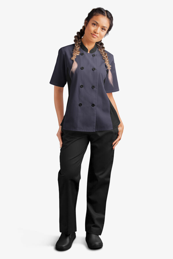 LIGHTWEIGHT Women's Short Sleeve 1-Pocket Tech Mesh Side Panel Chef Coat - Granite/Black - 5