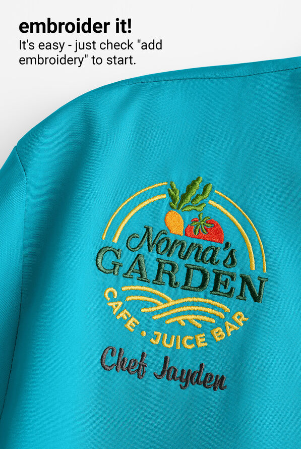 LIGHTWEIGHT  Women's 1-Pocket 3/4 Sleeve Tech Mesh Side Panel Chef Coat - Turquoise/Black - 3