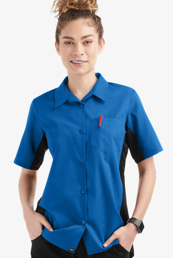 Camisa manga corta de gastronomía Versa de 65/35 poliéster/algodón con botones y 1 bolsillo para mujer - Royal/Black - 1