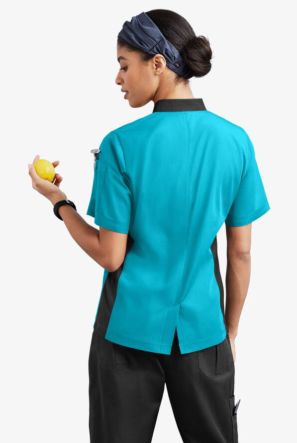 LIGHTWEIGHT Women's Short Sleeve Single Breasted w/MESH Rear Side Panels Chef Coat - Turquoise/Black - 2