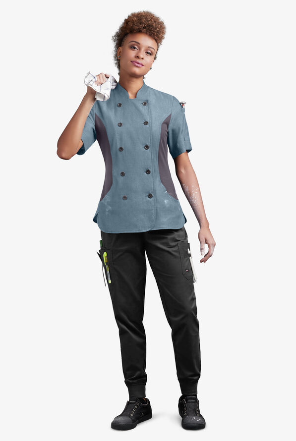 Industry Line Women's 3-Pocket Short Sleeve Chambray w/Tech Mesh Panels Executive Chef Coat - Light Blue Chambray/Pebble Grey - 4