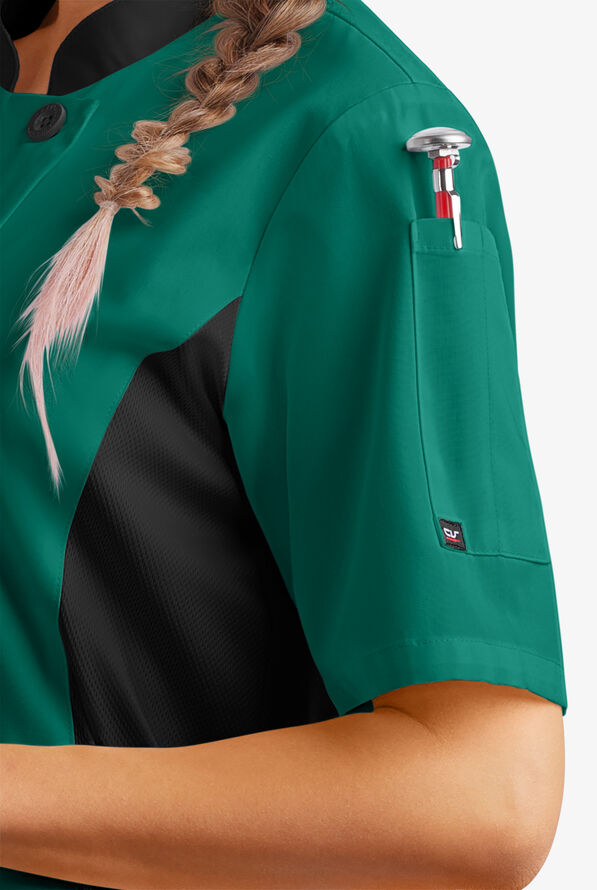 LIGHTWEIGHT Women's Short Sleeve 1-Pocket Tech Mesh Side Panel Chef Coat - Hunter/Black - 3