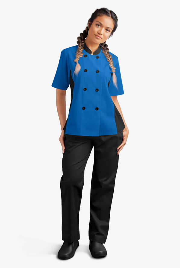 LIGHTWEIGHT Women's Short Sleeve 1-Pocket Tech Mesh Side Panel Chef Coat - Royal/Black - 5