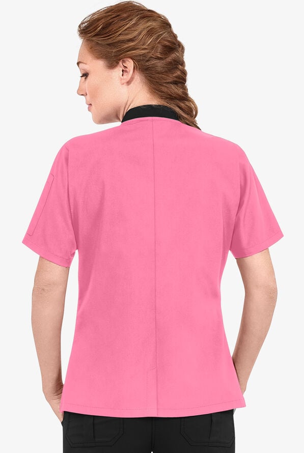 LIGHTWEIGHT Women's 1-Pocket Short Sleeve Double Breasted Chef Coat - Pink/Black - 2
