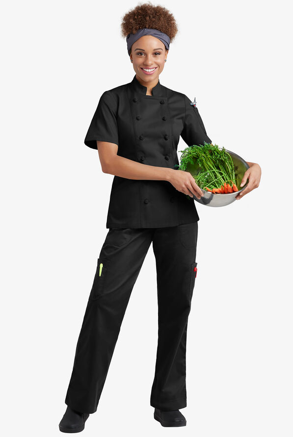 Chef Uniforms Women's 3-Pocket Short Sleeve Knotted Button Executive Chef Coat - Black - 4