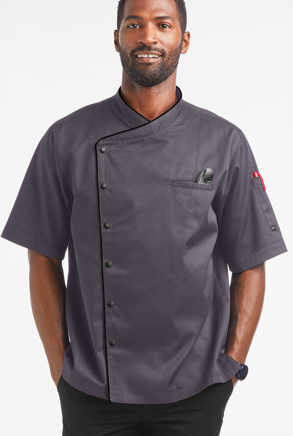 Chaqueta manga corta de gastronomía de corte clásico con botones a presión y 2 bolsillos para hombre - Pebble Grey/Black - 1