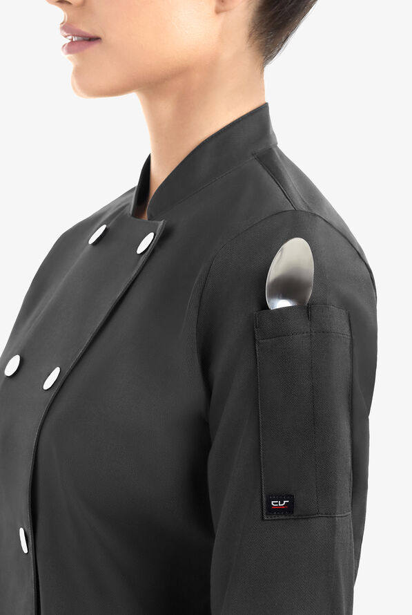On The Line Women's 1-Pocket Reversible Double Breasted Closure 3/4 Sleeve Chef Coat - Black - 3