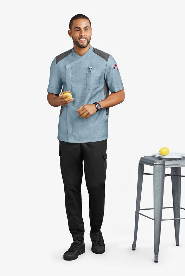 Industry Line Men's 5-Pocket Short Sleeve w/Tech Mesh Panels Chambray Executive Chef Coat - Light Blue Chambray/Pebble Grey - 4