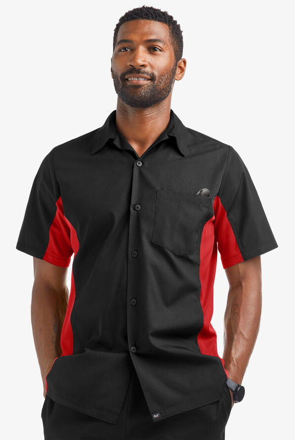 Camisa manga corta de gastronomía Versa de 65/35 poliéster/algodón con botones y 1 bolsillo para hombre - Black/Red - 1