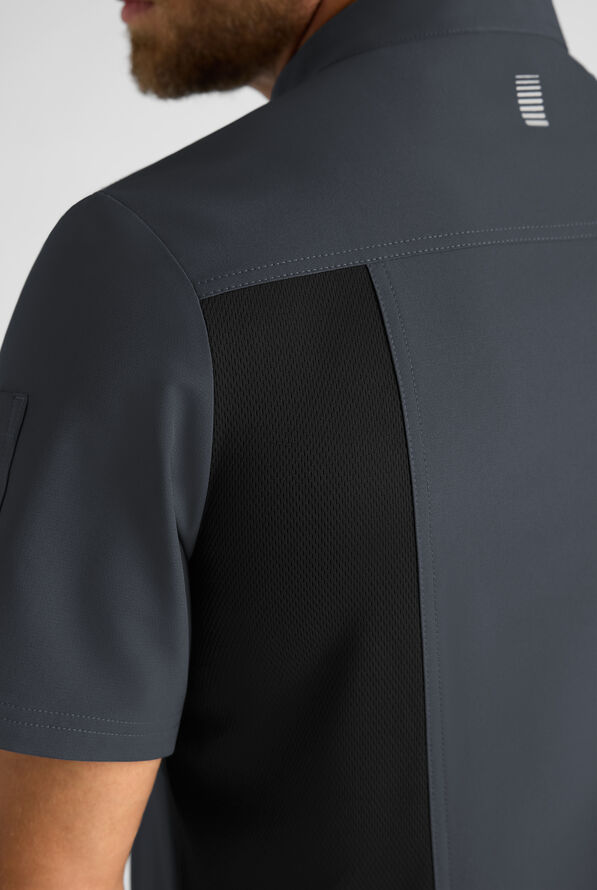 CHEF PERFORMANCE Men's 3- Pocket Asymmetrical Zippered Recycled Fabric Chef Coat - Pewter/Black - 6