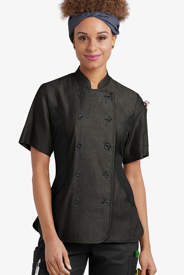 Chaqueta manga corta de gastronomía Industry Line de tela batista con doble abotonadura y paneles de malla para mujer - Black - 1