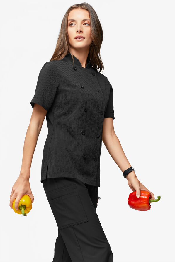 Chef Uniforms Women's Short Sleeve Stretch Seersucker Reversible Double Breasted Coat - Black - 4