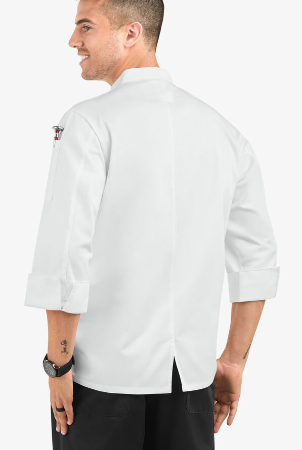 On The Line by ChefUniforms.com Men's 2-Pocket Reversible Double Breasted 3/4 Sleeve Chef Coat - White - 3