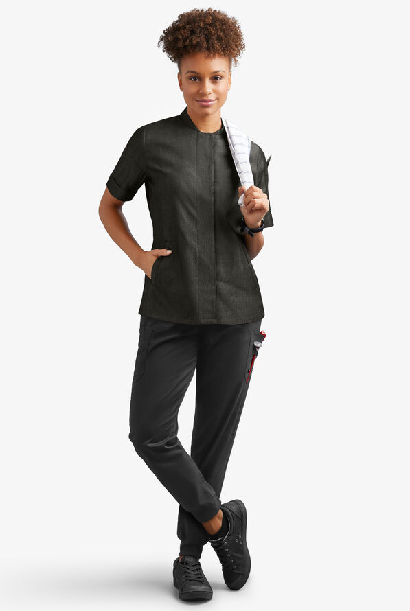 Industry Line Women's 3-Pocket Short Sleeve w/ Tech Mesh Side Panels Chambray Chef Coat - Black - 4