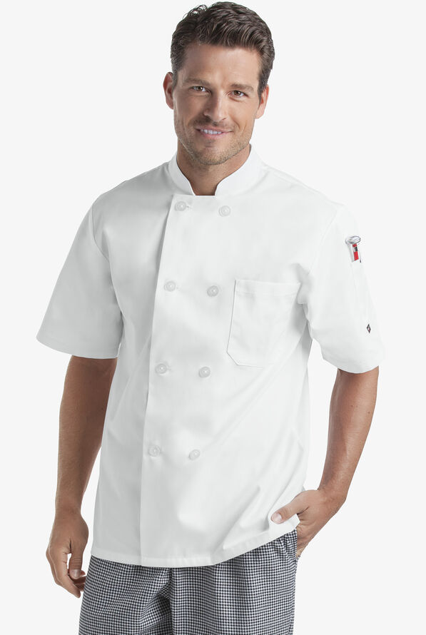On the Line by ChefUniforms.com Men's 2-Pocket Reversible Double Breasted Short Sleeve Chef Coat - White - 1