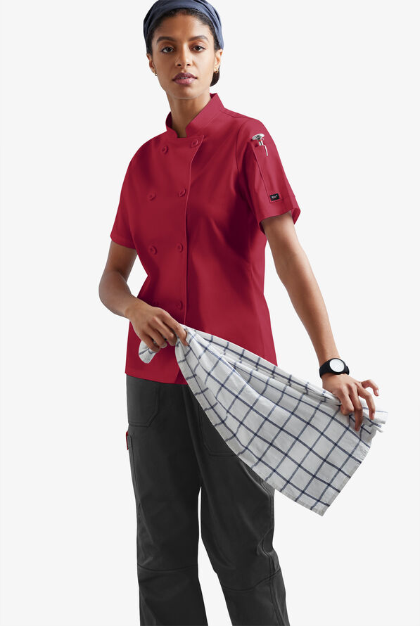 CHEF 360 Women's 1-Pocket Short Sleeve Reversible Double Breasted STRETCH Executive Chef Coat - Ruby - 5