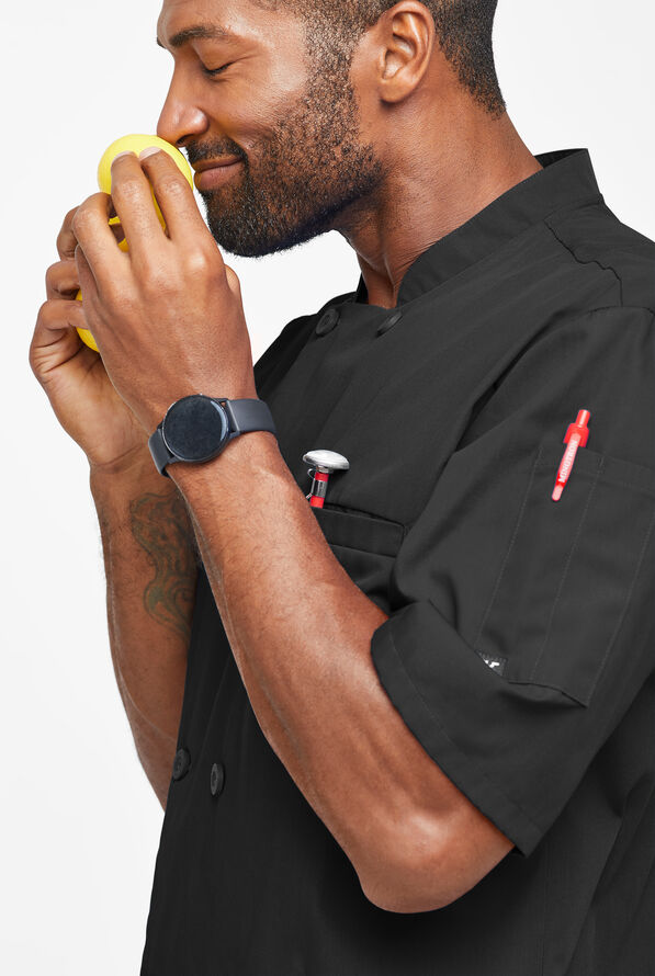 LIGHTWEIGHT Men's Double Breasted w/ Plastic Buttons Chef Coat - Black - 3