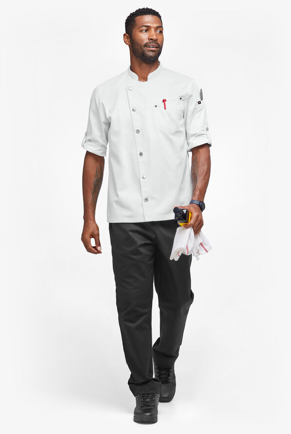 Industry Line Men's 2-Pocket Roll Sleeve with Tech Mesh Back Panel Asymmetrical Executive Chef Coat - White - 4