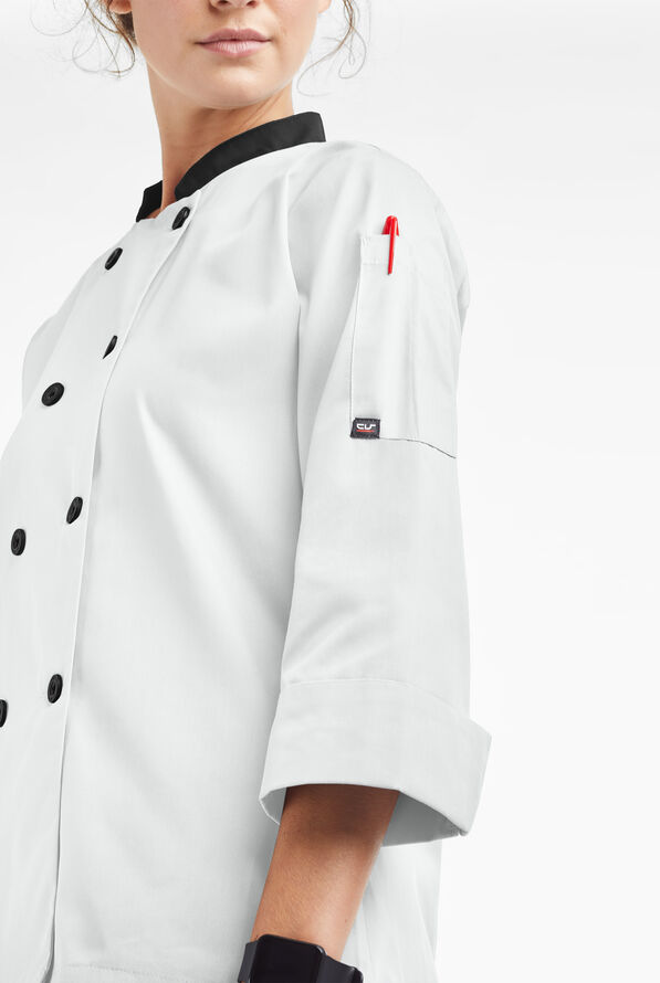 LIGHTWEIGHT Women's 3/4 Sleeve w/ Plastic Buttons Chef Coat - White/Black - 3