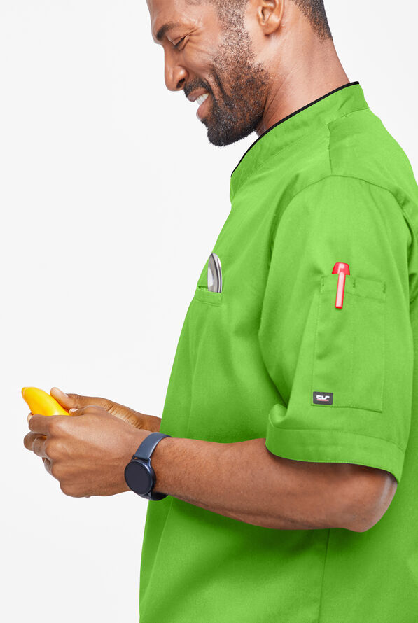 Men's 2-Pocket Short Sleeve Snap Front Executive Chef Coat - Apple Green/Black - 3