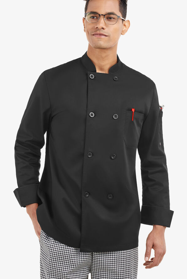 CHEF 360 Men's 2-Pocket Long Sleeve Reversible Double Breasted STRETCH Executive Chef Coat - Black - 1