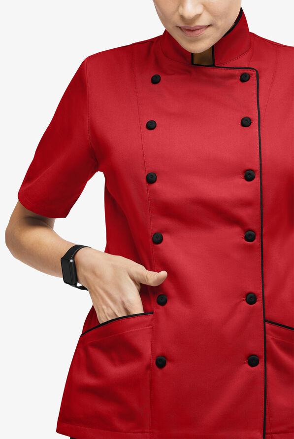 Chef Uniforms Women's 3-Pocket Short Sleeve Executive Chef Coat - True Red/Black - 4