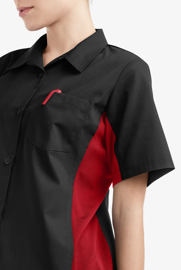 LIGHTWEIGHT Versa  Women's 1-Pocket Button Front Closure Short Sleeve Kitchen Shirt - Black/Red - 3