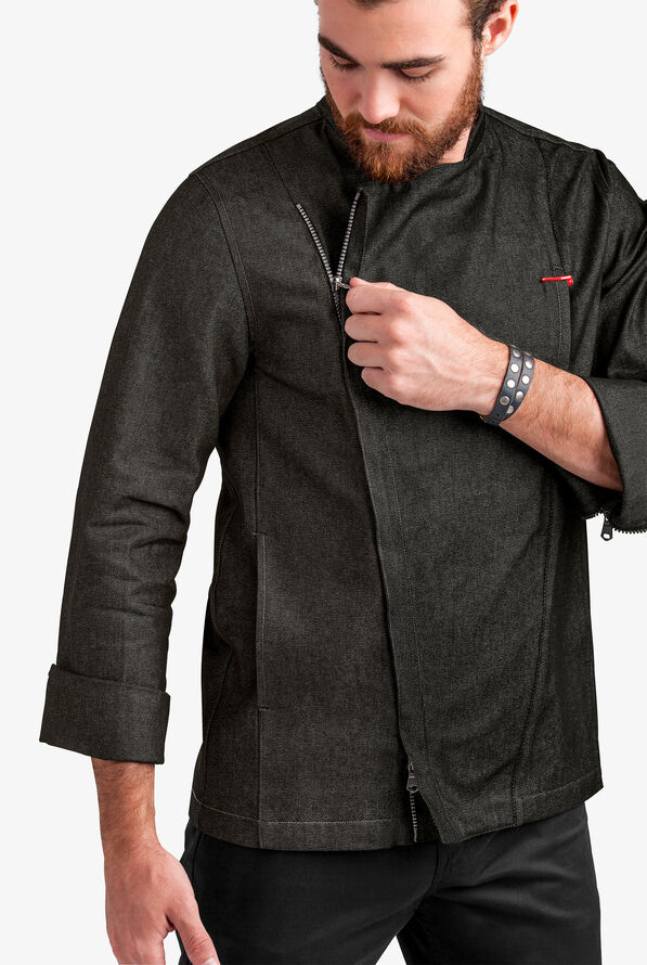 Industry Line Men's 3-Pocket Long Sleeve Premium Denim Motorcycle Zip Front Chef Coat - Black Denim - 5