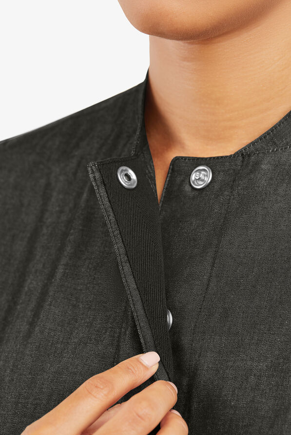 Industry Line Women's 3-Pocket Short Sleeve w/ Tech Mesh Side Panels Chambray Chef Coat - Black - 3