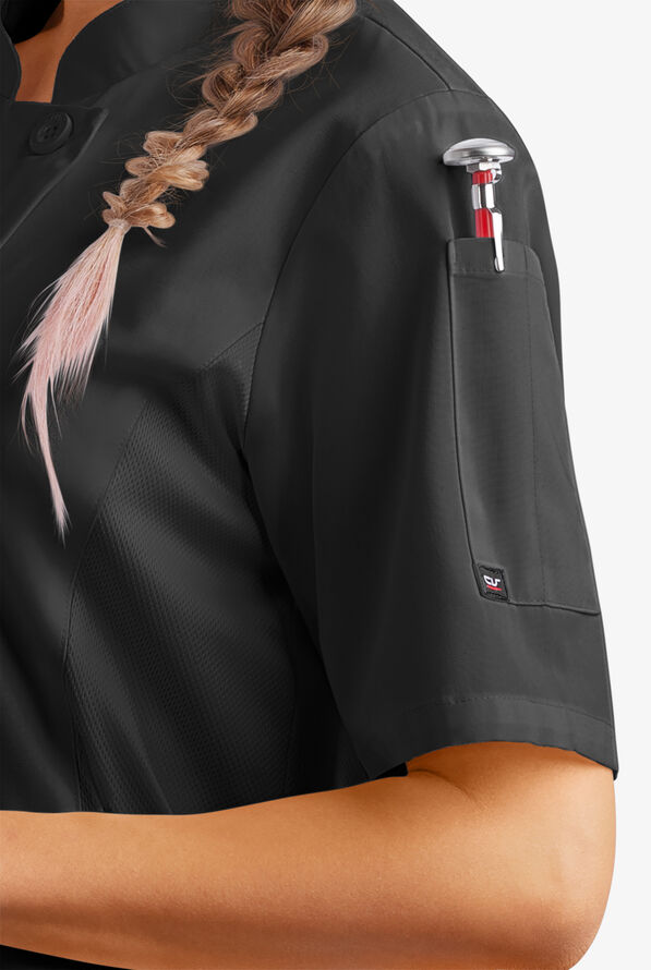 LIGHTWEIGHT Women's Short Sleeve 1-Pocket Tech Mesh Side Panel Chef Coat - Black - 3