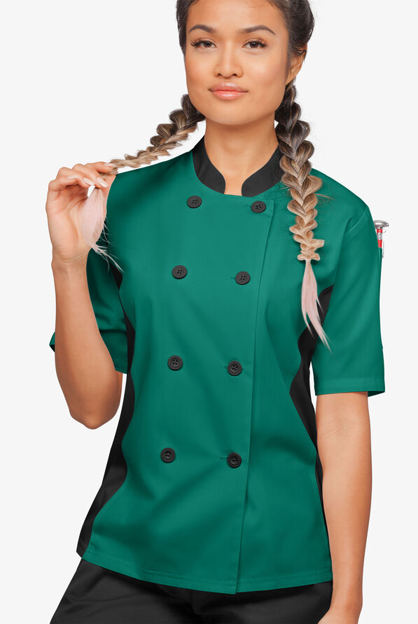 LIGHTWEIGHT Women's Short Sleeve 1-Pocket Tech Mesh Side Panel Chef Coat - Hunter/Black - 4