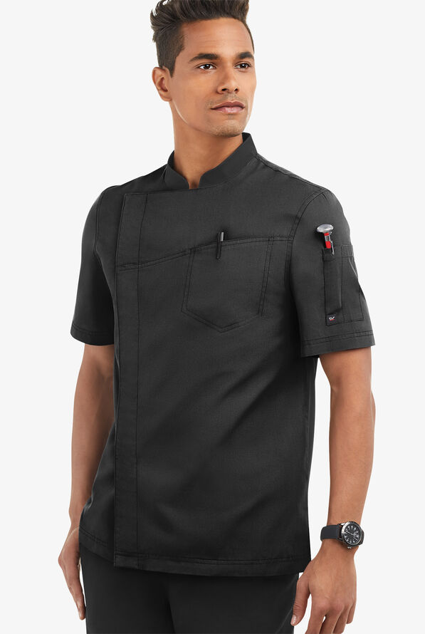 Chaqueta manga corta de chef con doble abotonadura y paneles de malla para hombre - Black - 1