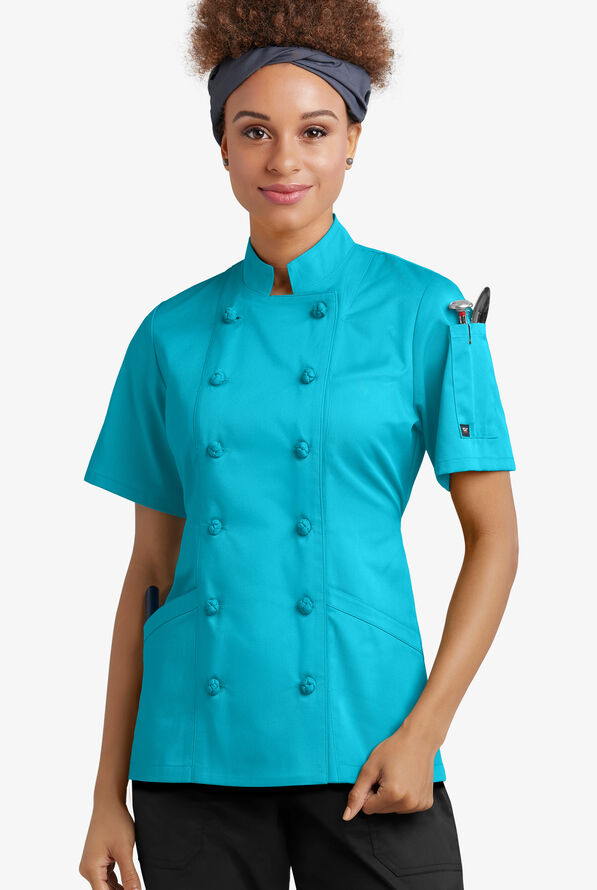 Chef Uniforms Women's 3-Pocket Short Sleeve Knotted Button Executive Chef Coat - Turquoise - 1