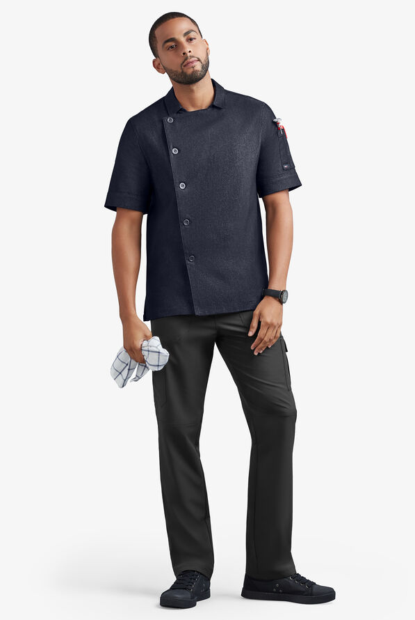 Industry Line Men's 2-Pocket Short Sleeve w/ Tech Mesh Back Panel Denim Chef Coat - Blue Denim/Navy - 4