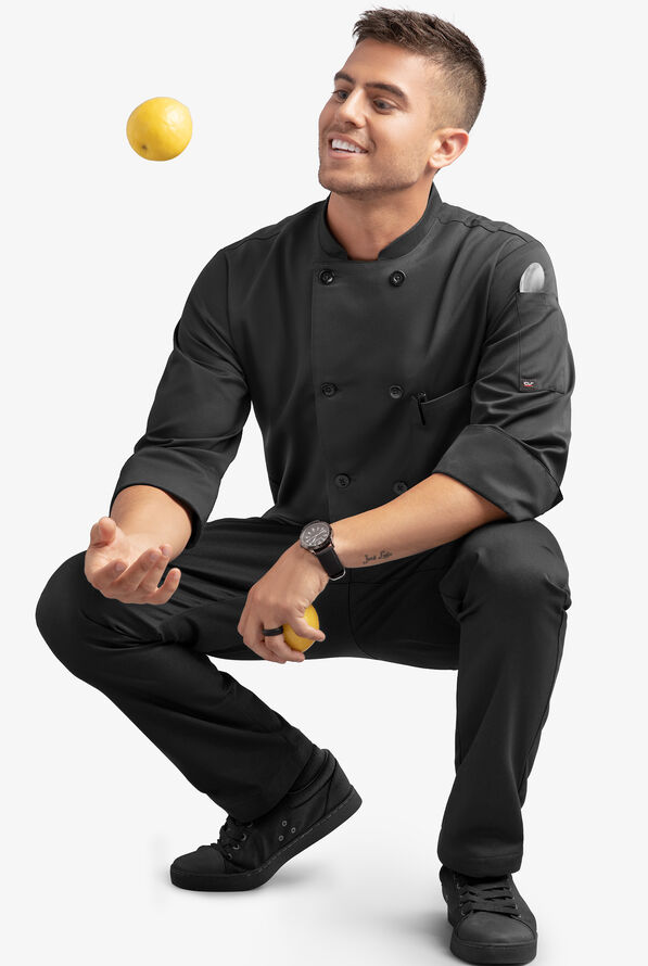 On The Line by ChefUniforms.com Men's 2-Pocket Reversible Double Breasted 3/4 Sleeve Chef Coat - Black - 4