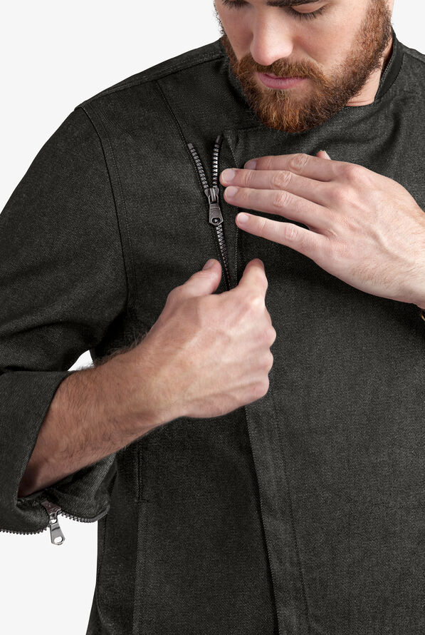 Industry Line Men's 3-Pocket Long Sleeve Premium Denim Motorcycle Zip Front Chef Coat - Black Denim - 3