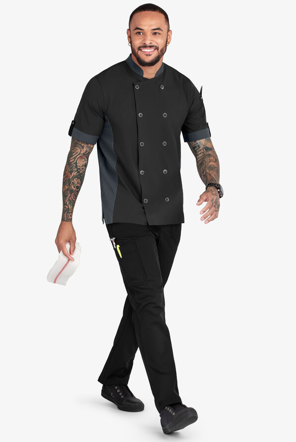 CHEF PERFORMANCE Men's 1-Pocket w/ hidden MESH Back Vent Snap Closure STRETCH Chef Coat - Black/Pewter - 4