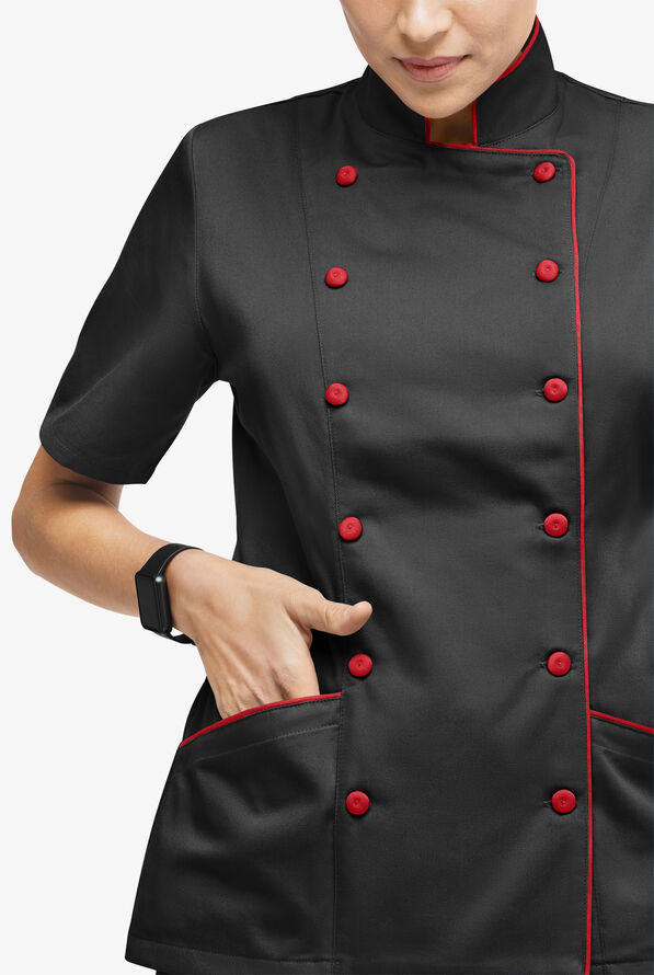 Chef Uniforms Women's 3-Pocket Short Sleeve Executive Chef Coat - Black/True Red - 4