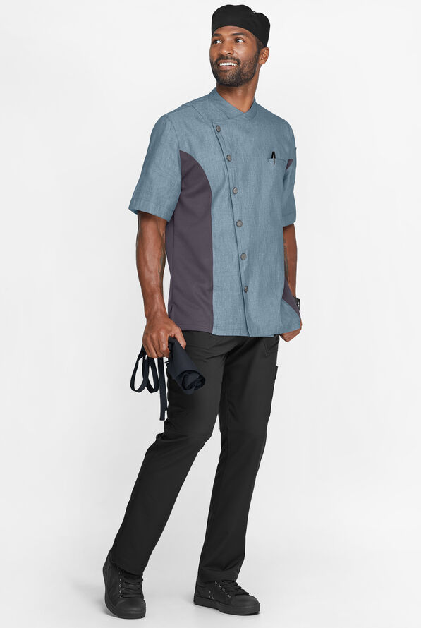 Industry Line Men's 2-Pocket Short Sleeve Chambray w/Tech Mesh Side Panels Executive Chef Coat - Light Blue Chambray/Pebble Grey - 4