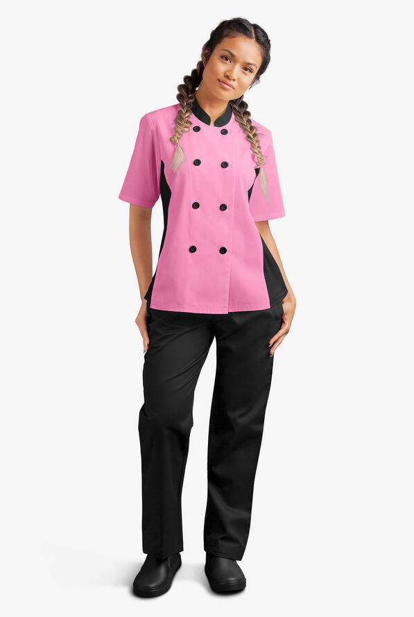 LIGHTWEIGHT Women's Short Sleeve 1-Pocket Tech Mesh Side Panel Chef Coat - Pink/Black - 5