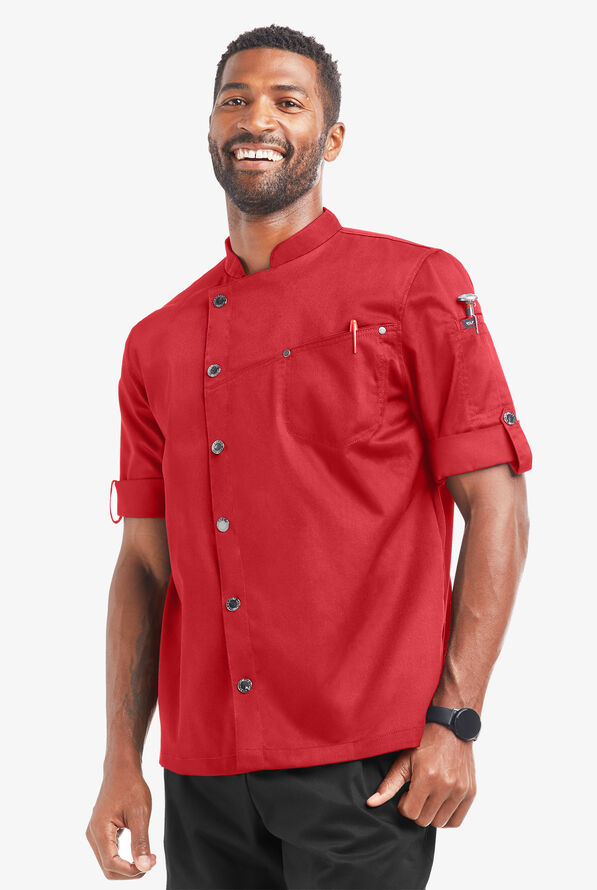 Chaqueta de gastronomía Industry Line estilo asimétrico con mangas enrolladas 3/4 y paneles de malla para hombre - True Red - 1