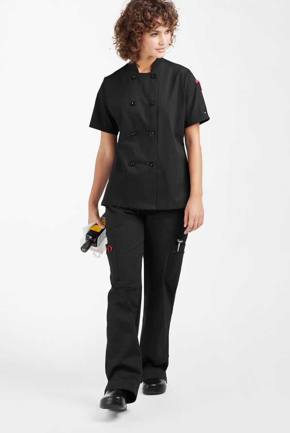 LIGHTWEIGHT Women's 1-Pocket Short Sleeve Double Breasted Chef Coat - Black - 4