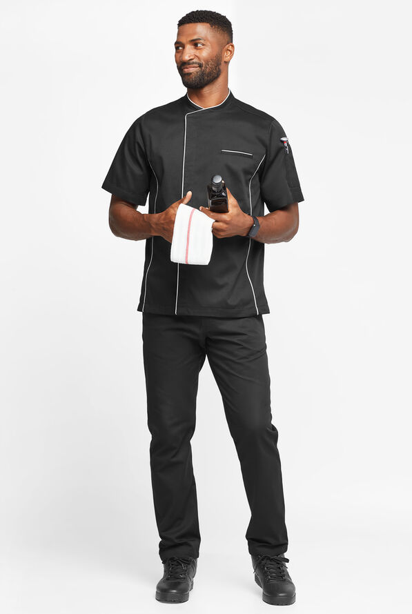 Chef Uniforms Men's 2-Pocket Short Sleeve Snap Closure with MESH Back Panels Executive Chef Coat - Black/White - 4