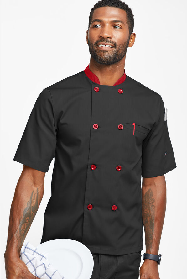 Chaqueta de chef liviana con doble abotonadura y botones de plástico para hombre - Black/Red - 1
