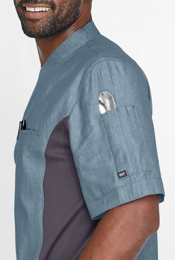 Industry Line Men's 2-Pocket Short Sleeve Chambray w/Tech Mesh Side Panels Executive Chef Coat - Light Blue Chambray/Pebble Grey - 3