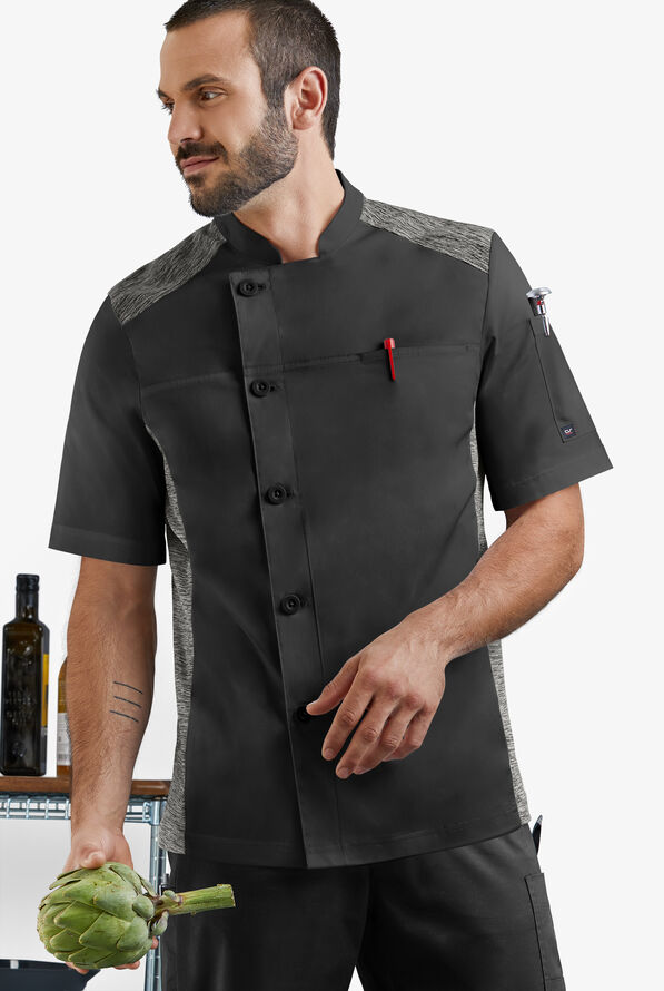 CHEF 360 Men's 2-Pocket Short Sleeve w/ Knit Panels STRETCH Executive Chef Coat - Black/Charcoal Melange - 4