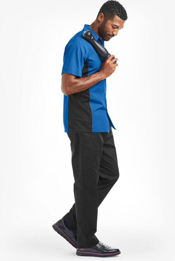 LIGHTWEIGHT Versa  Men's 1-Pocket Button Front Closure Short Sleeve Kitchen Shirt - Royal/Black - 4