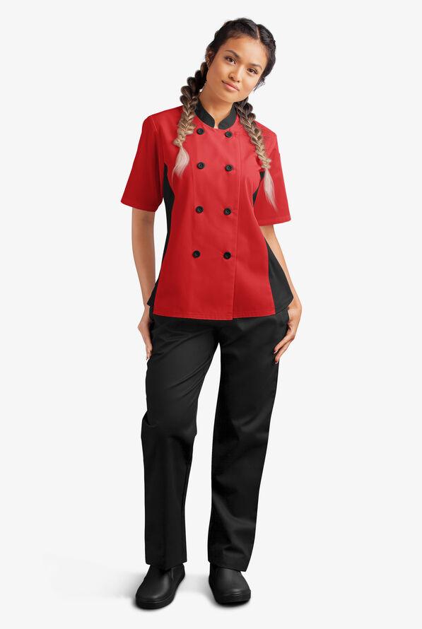 LIGHTWEIGHT Women's Short Sleeve 1-Pocket Tech Mesh Side Panel Chef Coat - Red/Black - 5