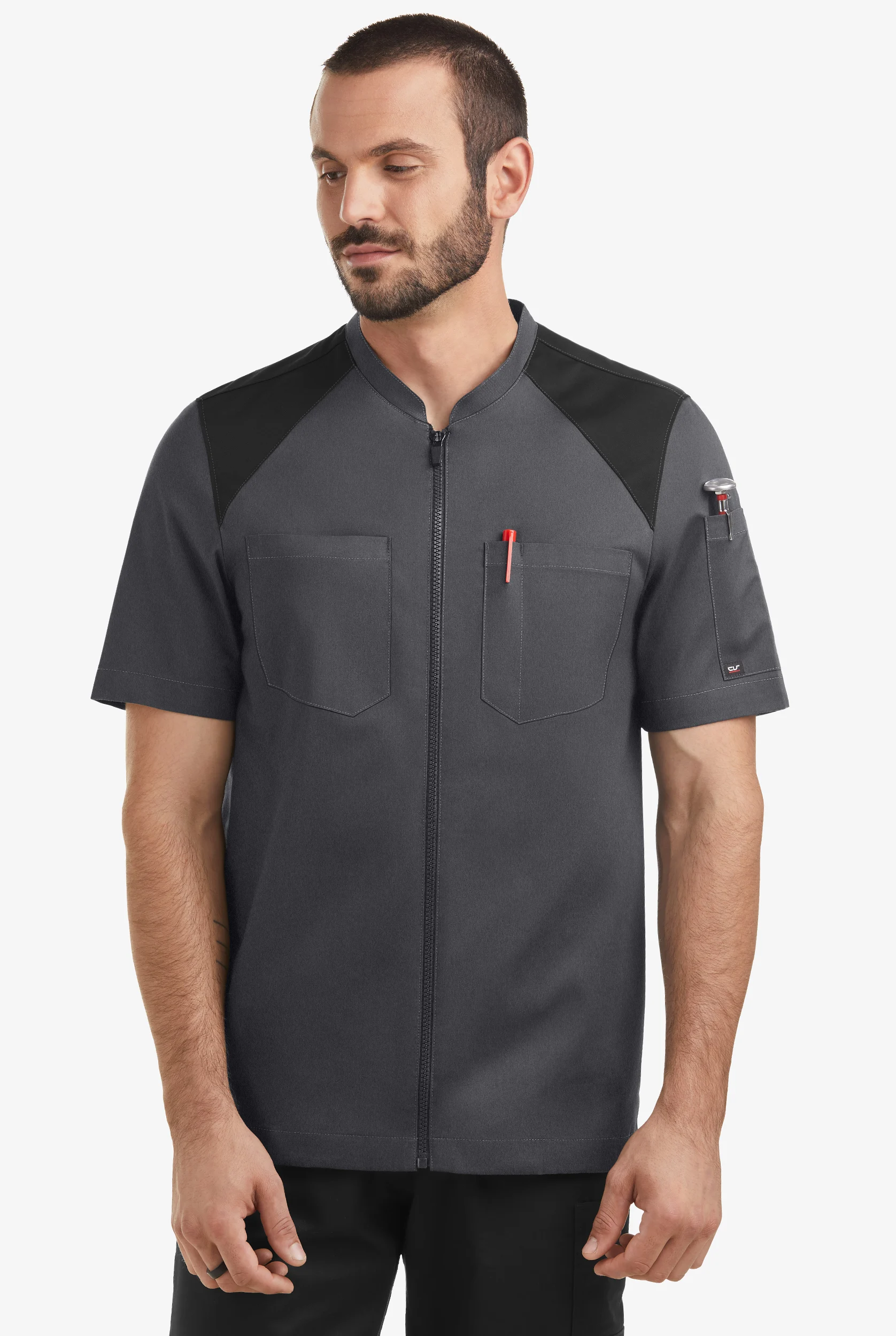 CHEF 360 Men's 4-Pocket Short Sleeve Mesh Yoke Zip Front STRETCH Executive Chef Coat